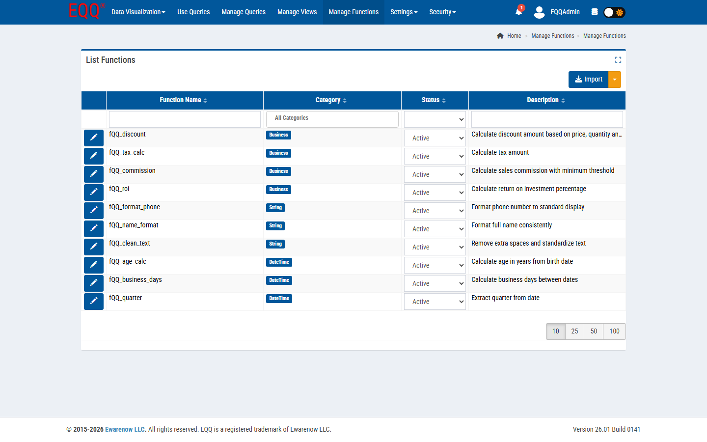 Manage Functions list