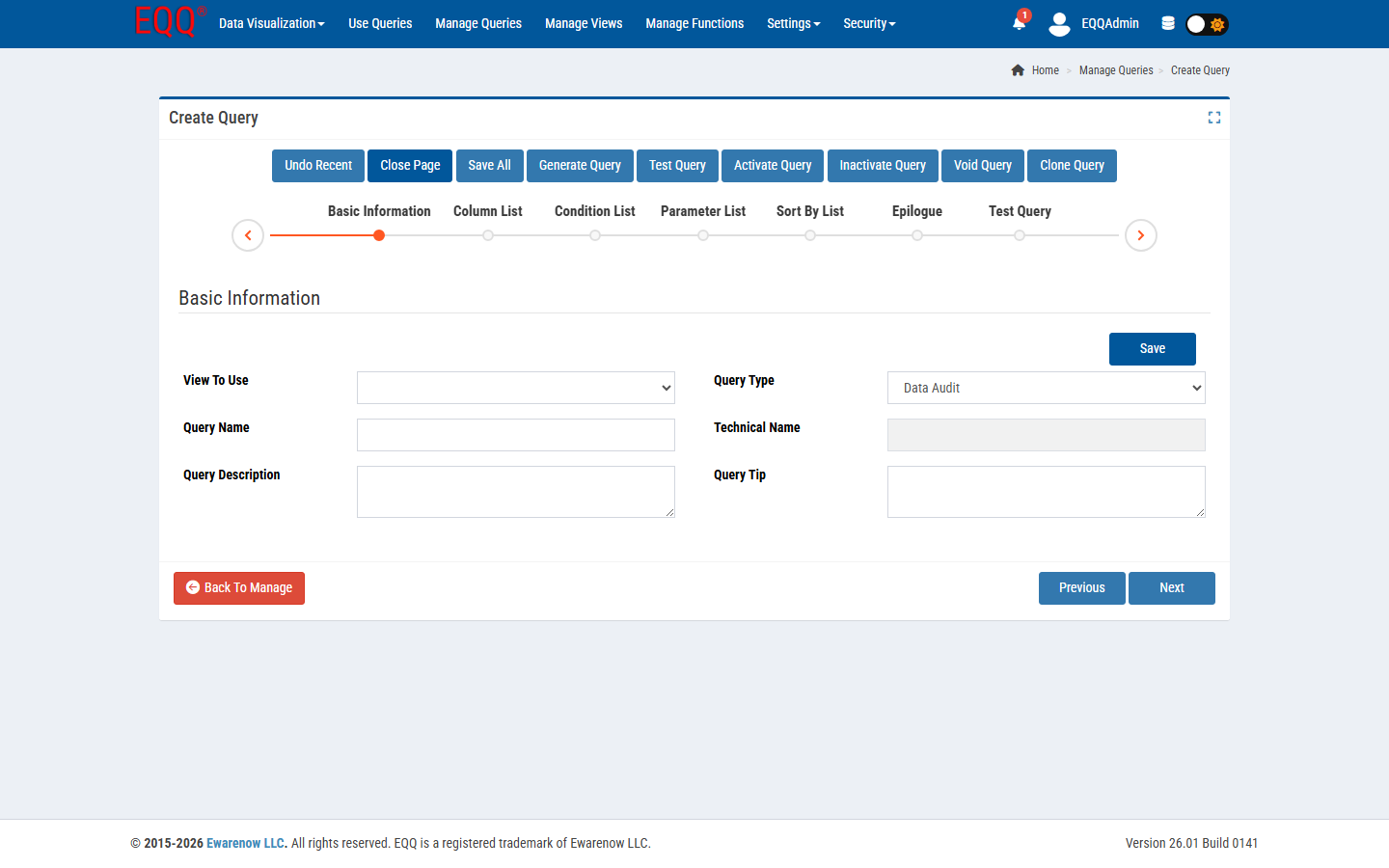 The query editor  -  declare parameters with @Name syntax and set type, default, and required flag.