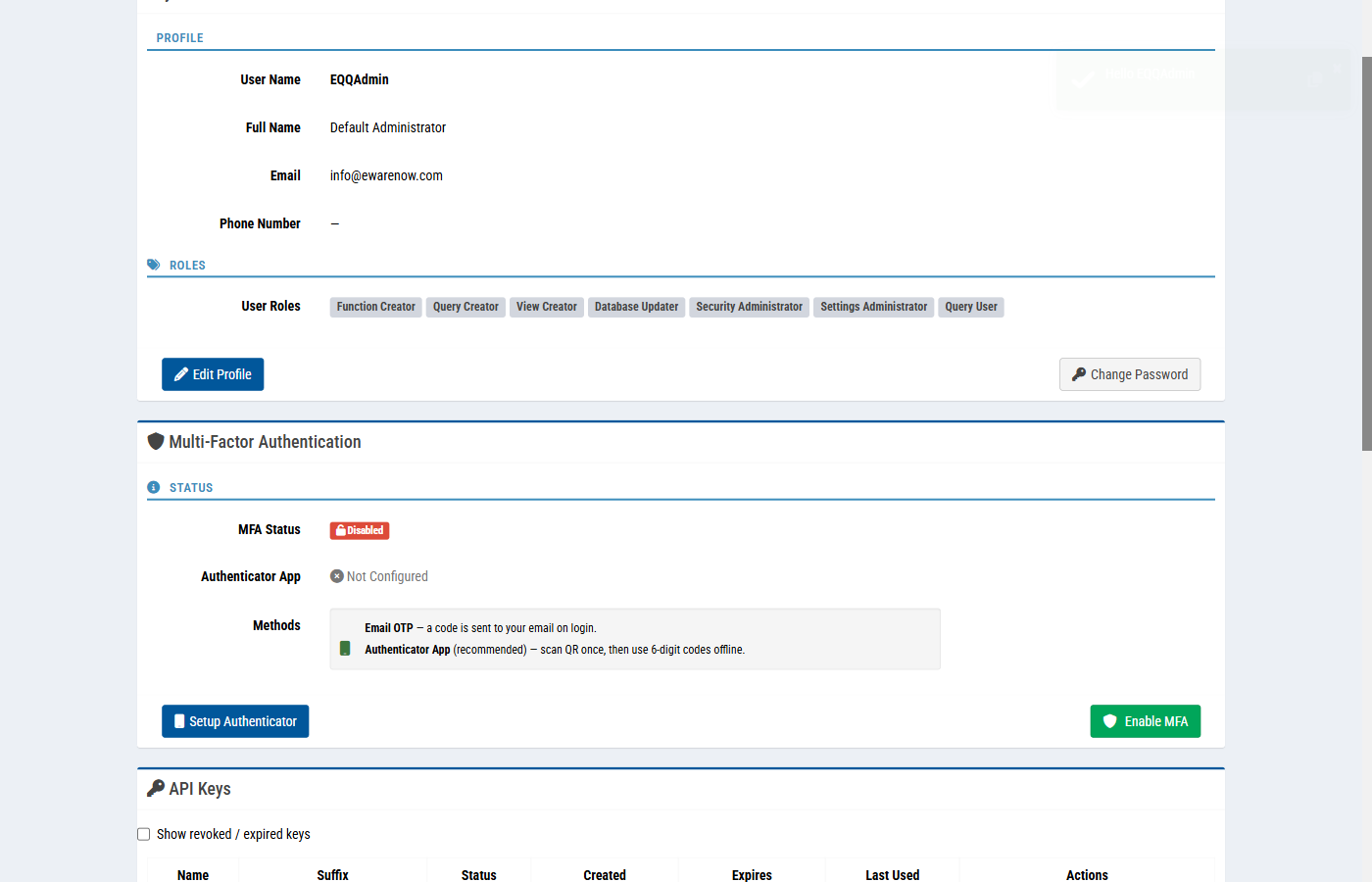 MFA enrollment shows a QR code and confirmation field.