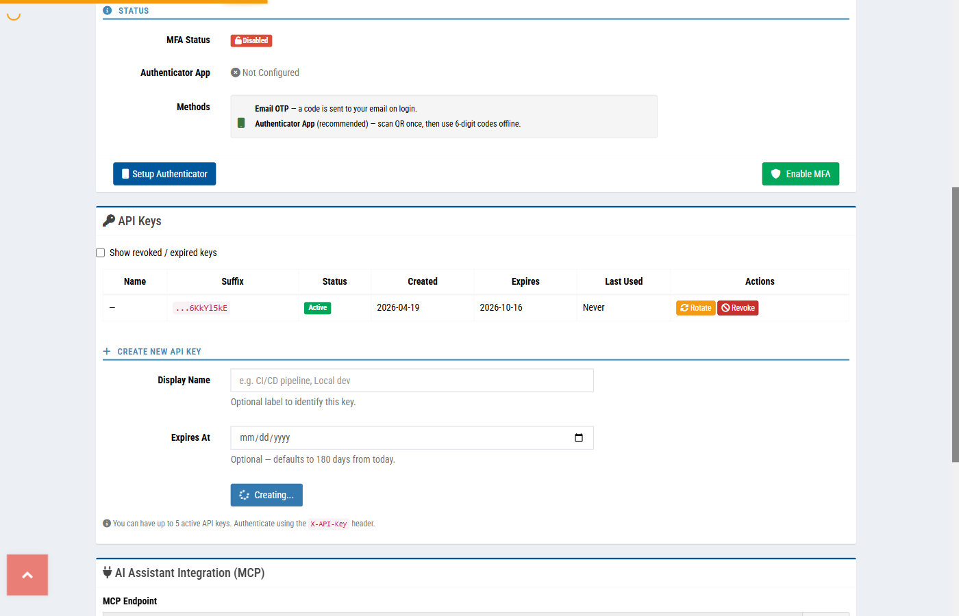 Create API Key dialog