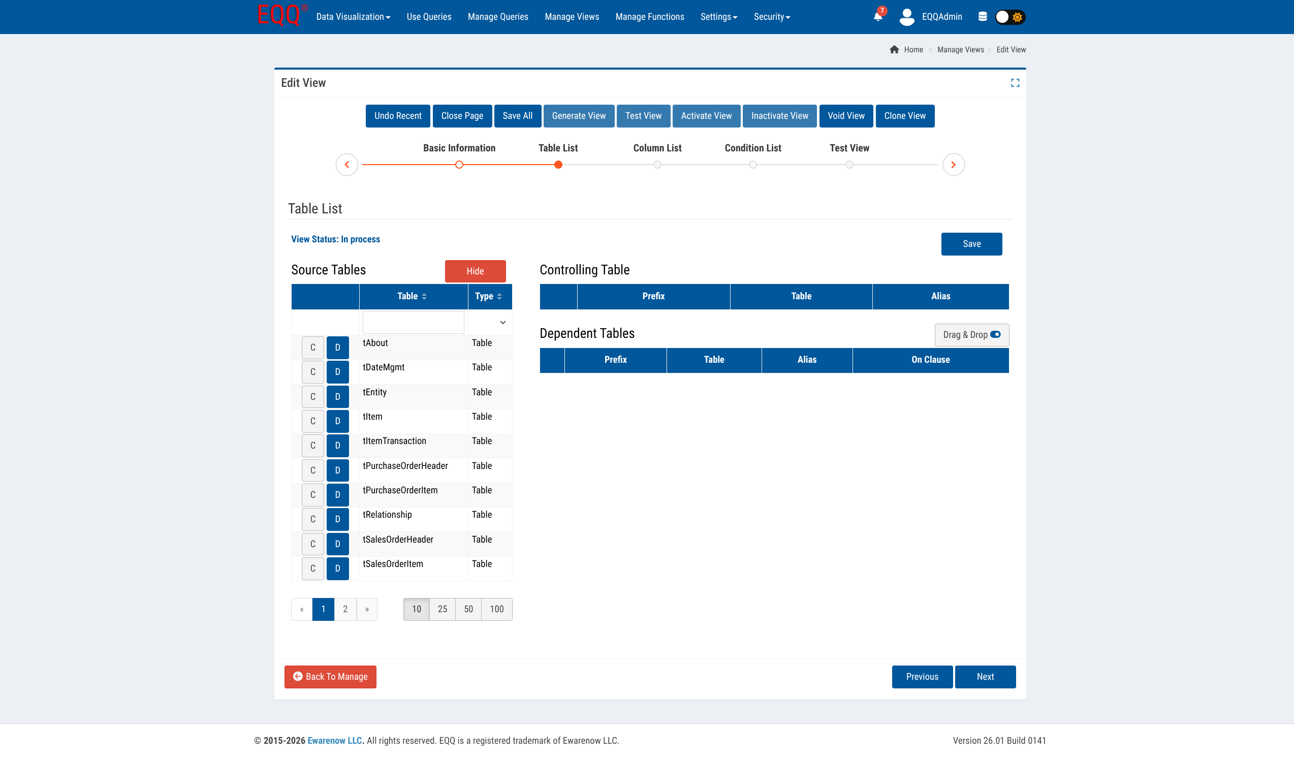 View wizard - Table List