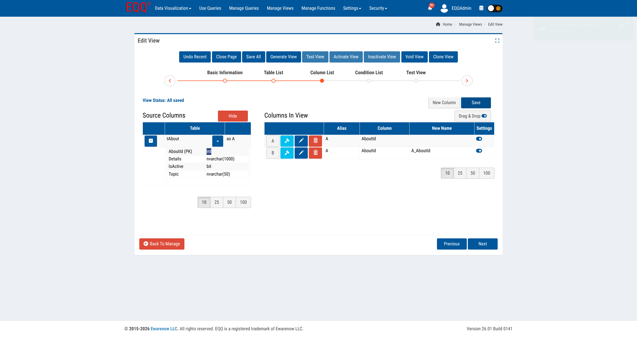 View wizard - Column List