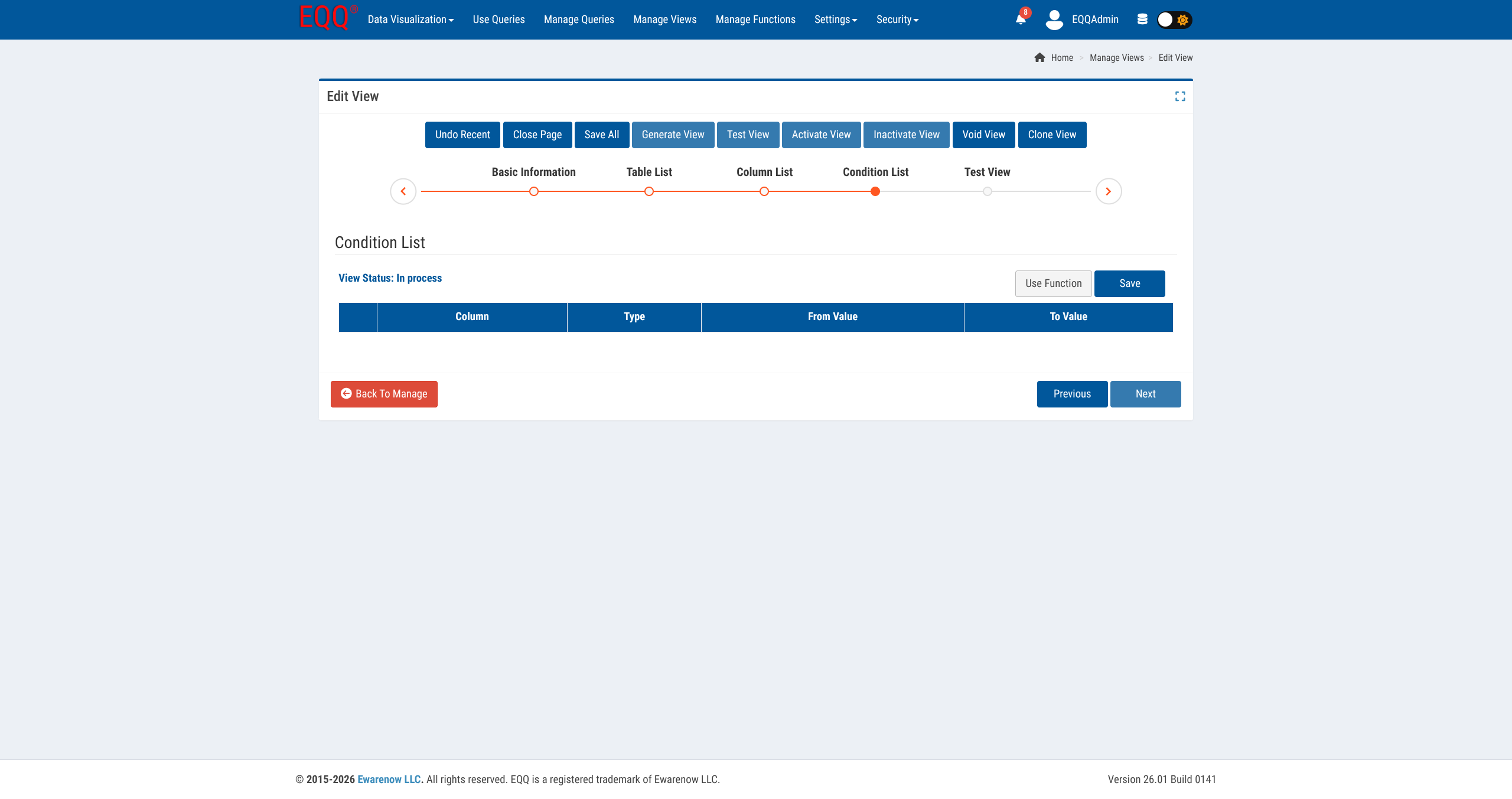 View wizard - Condition List