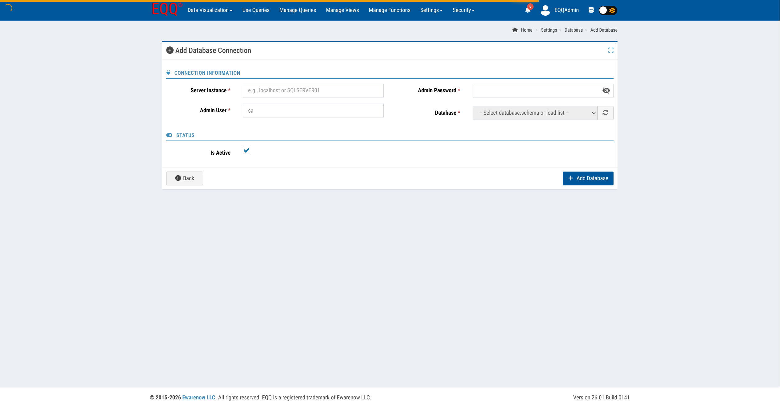 Add Database Connection form